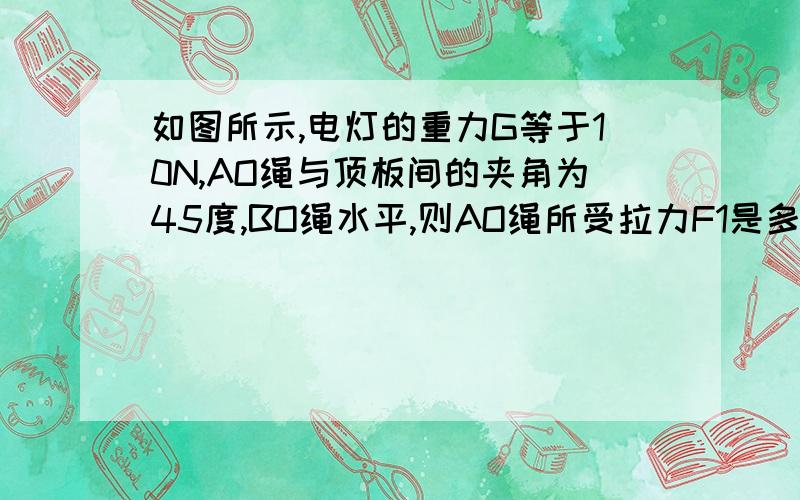 如图所示,电灯的重力G等于10N,AO绳与顶板间的夹角为45度,BO绳水平,则AO绳所受拉力F1是多少?BO绳所...如图所示,电灯的重力G等于10N,AO绳与顶板间的夹角为45度,BO绳水平,则AO绳所受拉力F1是多少?BO