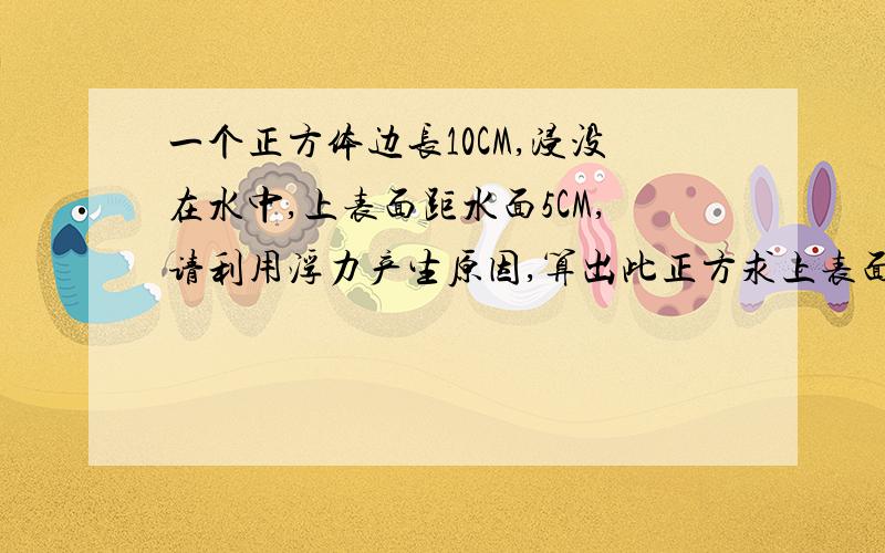 一个正方体边长10CM,浸没在水中,上表面距水面5CM,请利用浮力产生原因,算出此正方求上表面手液体压力F1下表面受到液体压力F2物体所受浮力