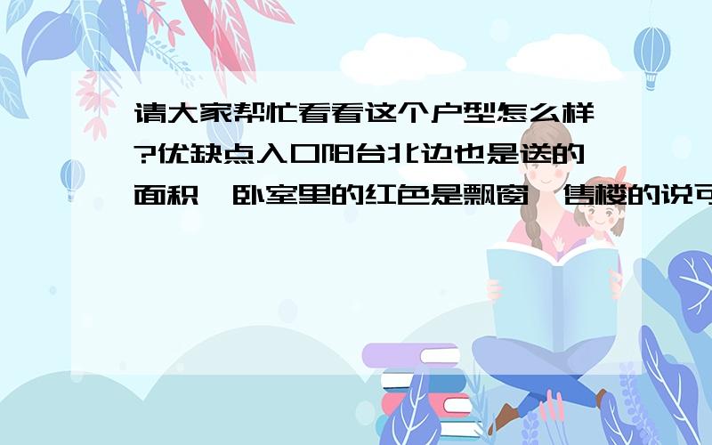 请大家帮忙看看这个户型怎么样?优缺点入口阳台北边也是送的面积,卧室里的红色是飘窗,售楼的说可以打掉腾出空间,