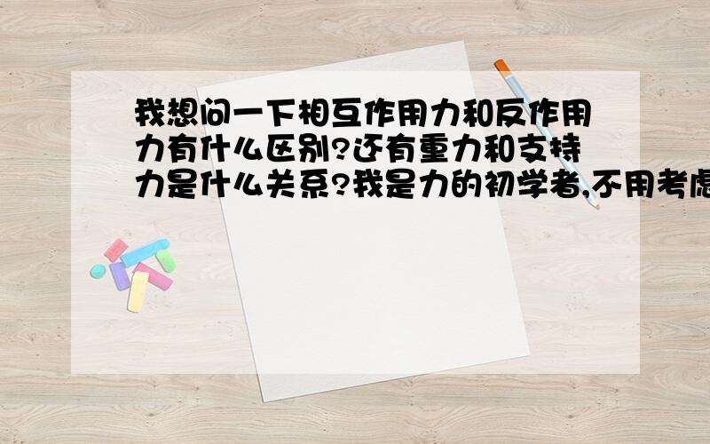 我想问一下相互作用力和反作用力有什么区别?还有重力和支持力是什么关系?我是力的初学者,不用考虑什么摩擦力什么的,就一个静止的物体放桌上,简单理解就好.谢谢各位了!