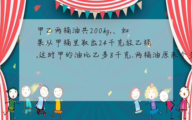 甲乙两桶油共200kg,、如果从甲桶里取出24千克放乙桶,这时甲的油比乙多8千克.两桶油原来个多少kg