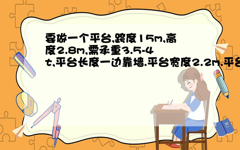 要做一个平台,跨度15m,高度2.8m,需承重3.5-4t,平台长度一边靠墙.平台宽度2.2m.平台底部使用三角支架,该怎样选用钢材搭建.