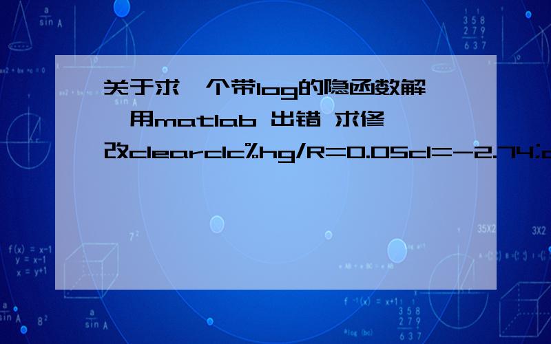 关于求一个带log的隐函数解,用matlab 出错 求修改clearclc%hg/R=0.05c1=-2.74;c2=26.723;c3=35.29;c4=-165.404;Er=7.056e10;pg1=0.0088063;hg1=250e-9;f= @(s1)s1*hg1.^2*(c1*(log(Er/s1)).^3+c2*(log(Er/s1)).^2+c3*(log(Er/s1))+c4)-pg1;fsolve(f,5)