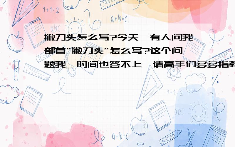 撇刀头怎么写?今天,有人问我部首“撇刀头”怎么写?这个问题我一时间也答不上,请高手们多多指教.