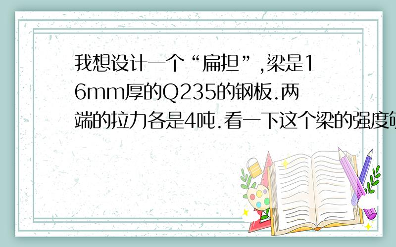 我想设计一个“扁担”,梁是16mm厚的Q235的钢板.两端的拉力各是4吨.看一下这个梁的强度够不够啊?（图应该点击后打开看的更清楚）