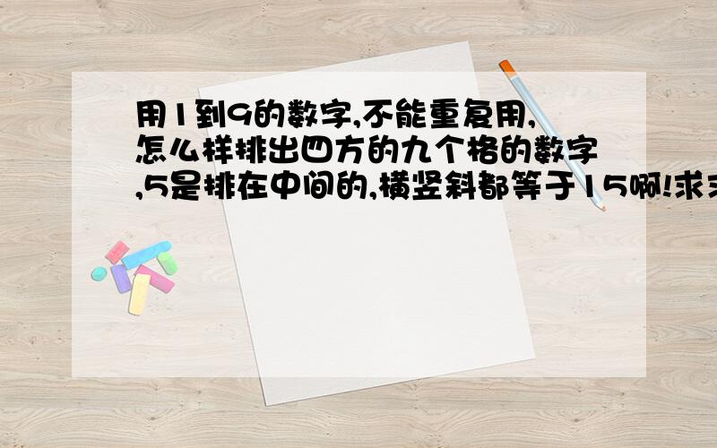 用1到9的数字,不能重复用,怎么样排出四方的九个格的数字,5是排在中间的,横竖斜都等于15啊!求求你们了