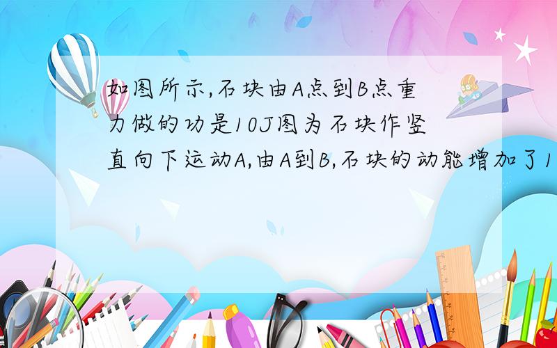 如图所示,石块由A点到B点重力做的功是10J图为石块作竖直向下运动A,由A到B,石块的动能增加了10JB.由A到B,是石块的重力势能减少了10JC.由A到B,石块的机械能一定守恒D.由A到B,石块的机械能一定