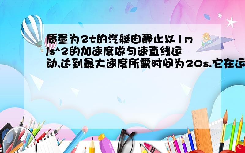 质量为2t的汽艇由静止以1m/s^2的加速度做匀速直线运动,达到最大速度所需时间为20s.它在运动中受到的阻力恒为1000N,则该过程中汽艇最大输出功率为?