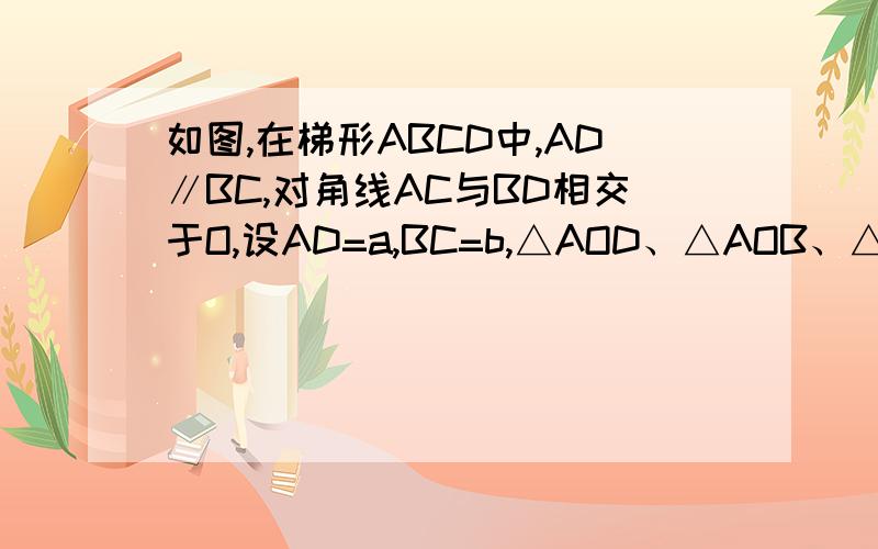 如图,在梯形ABCD中,AD∥BC,对角线AC与BD相交于O,设AD=a,BC=b,△AOD、△AOB、△BOC、△COD的面积分别为S1、S2、S3、S4,则下列各式中错误的是（B）,为什么?要过程A.S1/S3=a²/b²B.S1/S2=a/bC.S2/S3=a/bD.S1+S3