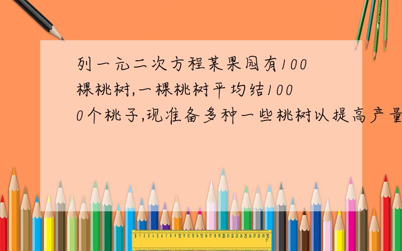 列一元二次方程某果园有100棵桃树,一棵桃树平均结1000个桃子,现准备多种一些桃树以提高产量,试验发现,每多种一棵桃树,每课桃树的产量就会减少2个,如果要使产量增加15.2%,且尽可能减少果