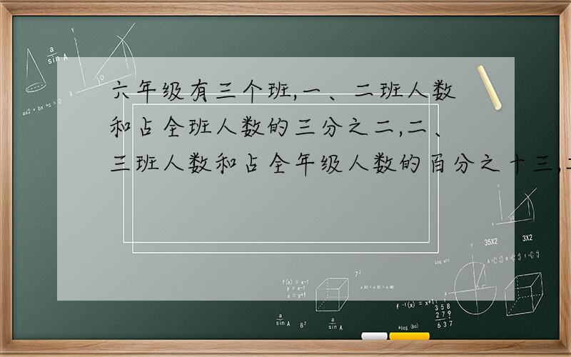 六年级有三个班,一、二班人数和占全班人数的三分之二,二、三班人数和占全年级人数的百分之十三,二班有56名同学,