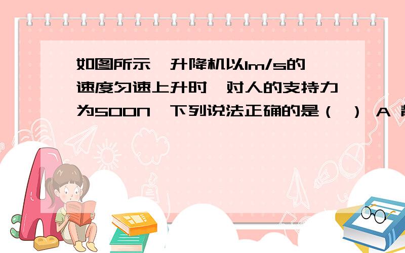 如图所示,升降机以1m/s的速度匀速上升时,对人的支持力为500N,下列说法正确的是（ ） A 静止在十楼时,升降机对人的支持力小于500NB 以1.5m/s的速度匀速上升时,升降机对人的支持力大于500NC 以2m