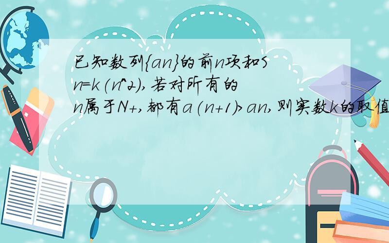 已知数列{an}的前n项和Sn=k(n^2),若对所有的n属于N+,都有a(n+1)>an,则实数k的取值范围