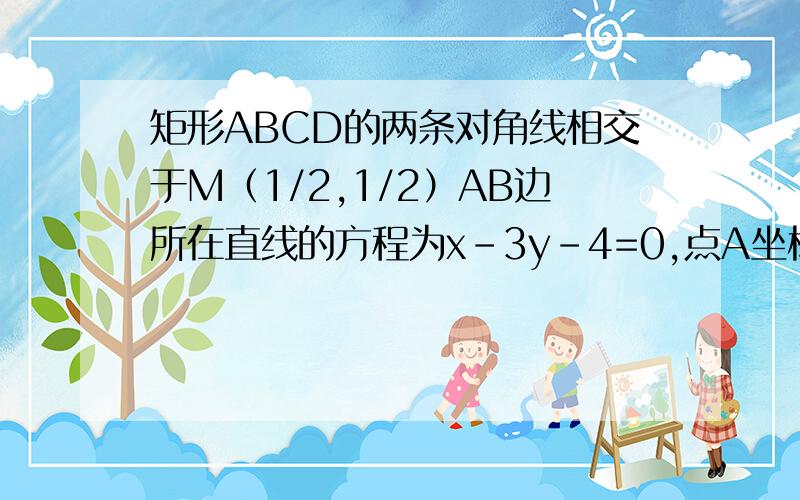 矩形ABCD的两条对角线相交于M（1/2,1/2）AB边所在直线的方程为x-3y-4=0,点A坐标为（-2,-2）①求AD所在直线的方程②求矩形ABCD外接圆的方程