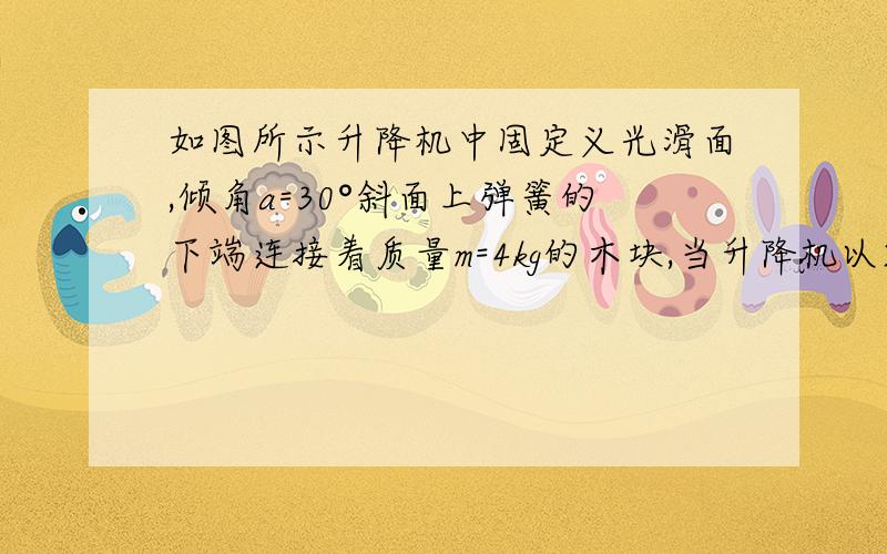 如图所示升降机中固定义光滑面,倾角a=30°斜面上弹簧的下端连接着质量m=4kg的木块,当升降机以2m/s^2的加速度下降时求弹簧的弹力大小写面对木块的支持力大小