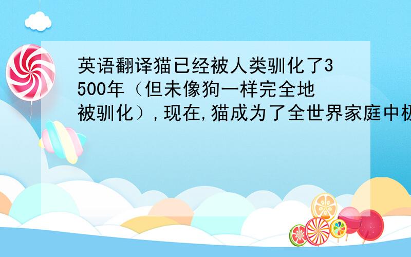 英语翻译猫已经被人类驯化了3500年（但未像狗一样完全地被驯化）,现在,猫成为了全世界家庭中极为广泛的宠物.研究表明,猫不吃老鼠,夜视能力就会有所下降,会长期丧失夜间活动的能力.德