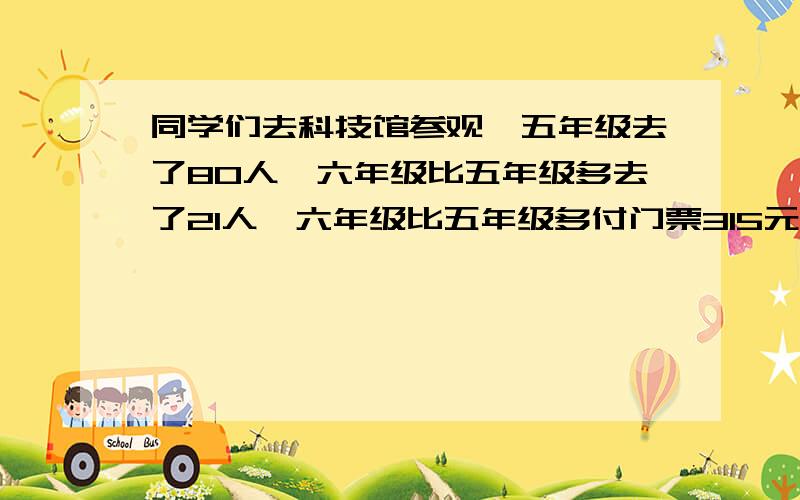 同学们去科技馆参观,五年级去了80人,六年级比五年级多去了21人,六年级比五年级多付门票315元.问：（1）每张门票多少元?（2）两个年级各付门票费多少元?