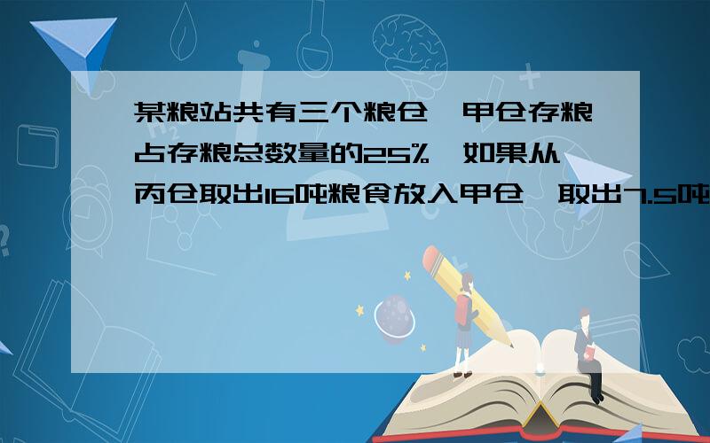 某粮站共有三个粮仓,甲仓存粮占存粮总数量的25%,如果从丙仓取出16吨粮食放入甲仓,取出7.5吨放入乙仓