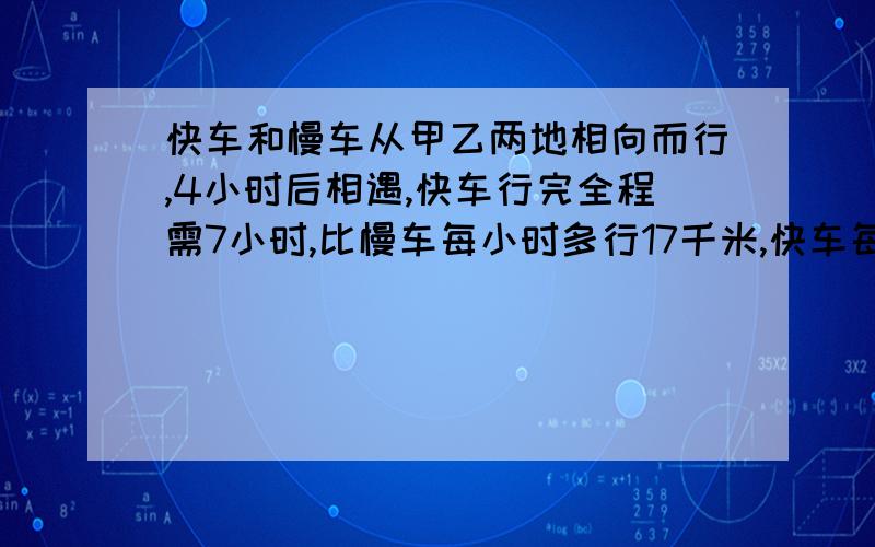 快车和慢车从甲乙两地相向而行,4小时后相遇,快车行完全程需7小时,比慢车每小时多行17千米,快车每时行?千米急用 6.一列快车和一列慢车分别从甲乙两地同时相向而行,4小时后相遇,已知快车