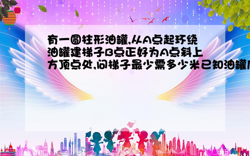 有一圆柱形油罐,从A点起环绕油罐建梯子B点正好为A点斜上方顶点处,问梯子最少需多少米已知油罐底面周长为8m,高为5m