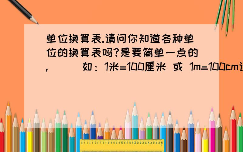 单位换算表.请问你知道各种单位的换算表吗?是要简单一点的,```如：1米=100厘米 或 1m=100cm请帮帮忙了```虽然没有悬赏分,(*^-^*)