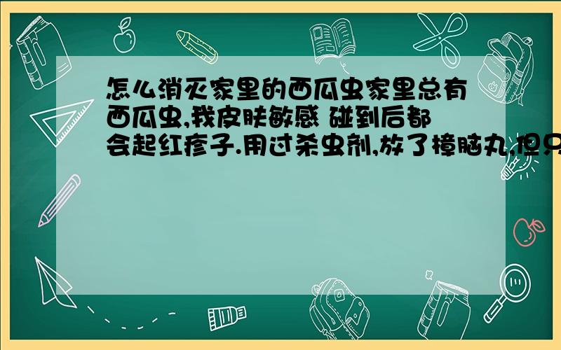 怎么消灭家里的西瓜虫家里总有西瓜虫,我皮肤敏感 碰到后都会起红疹子.用过杀虫剂,放了樟脑丸,但只能维持2,3天.想知道有没有办法除掉他们.请别把百度百科里那段帖过来.我这是自己家里,