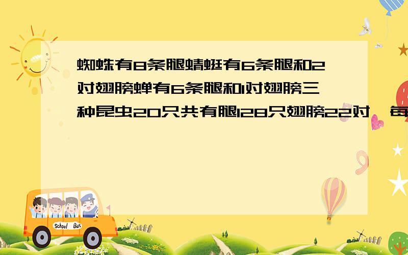 蜘蛛有8条腿蜻蜓有6条腿和2对翅膀蝉有6条腿和1对翅膀三种昆虫20只共有腿128只翅膀22对,每种昆虫有多少只要算是