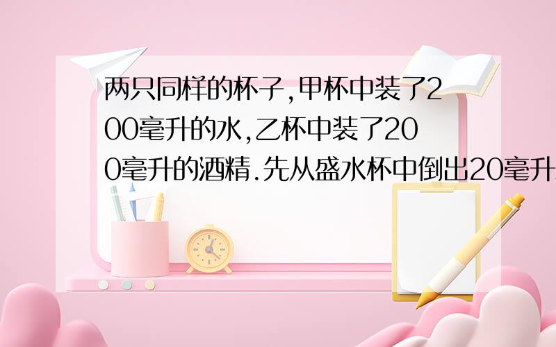 两只同样的杯子,甲杯中装了200毫升的水,乙杯中装了200毫升的酒精.先从盛水杯中倒出20毫升水与酒精混合均匀,再从混合液中倒出20毫升到盛水杯中,上述过程再重复五次,问两个杯子里水中的酒