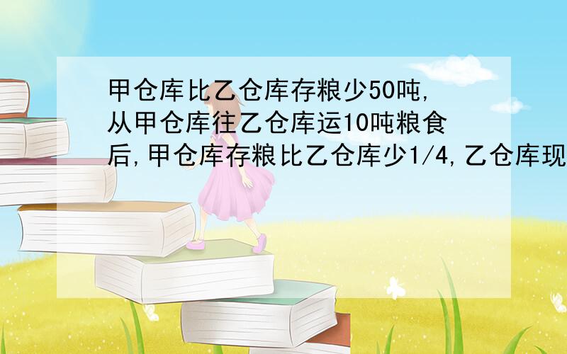 甲仓库比乙仓库存粮少50吨,从甲仓库往乙仓库运10吨粮食后,甲仓库存粮比乙仓库少1/4,乙仓库现存粮多少吨?不要二元一次方程,列普通方程时带关系式,算术法要讲清