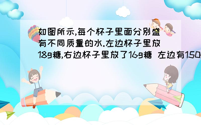 如图所示,每个杯子里面分别盛有不同质量的水.左边杯子里放18g糖,右边杯子里放了16g糖 左边有150g水 右边有100g水 那杯水更甜?