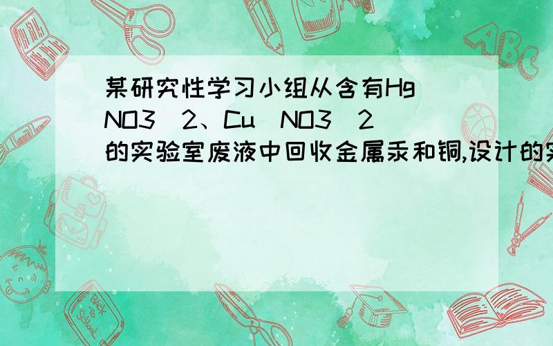 某研究性学习小组从含有Hg（NO3）2、Cu（NO3）2的实验室废液中回收金属汞和铜,设计的实验方案如下：1）在过滤操作过程中用到的仪器有带铁圈的铁架台、玻璃棒、漏斗和 ,其中铁架台的作用