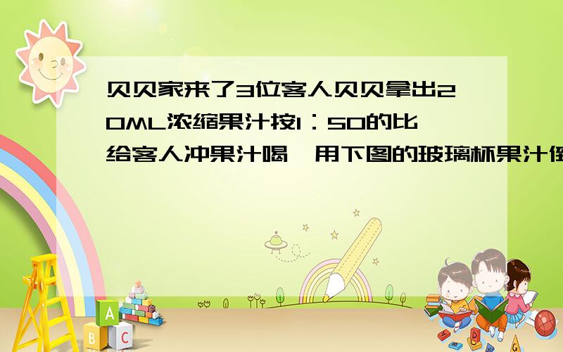 贝贝家来了3位客人贝贝拿出20ML浓缩果汁按1：50的比给客人冲果汁喝,用下图的玻璃杯果汁倒至三分之二处,贝贝和客人每人一杯够吗?