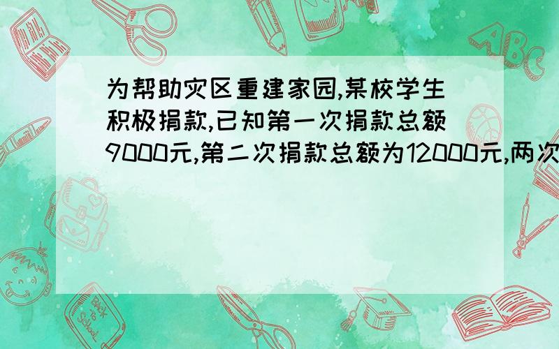 为帮助灾区重建家园,某校学生积极捐款,已知第一次捐款总额9000元,第二次捐款总额为12000元,两次人均捐款额相等,但第二次捐款人数比第一次多50人,求该校第二次捐款的人数.用分式方程解.