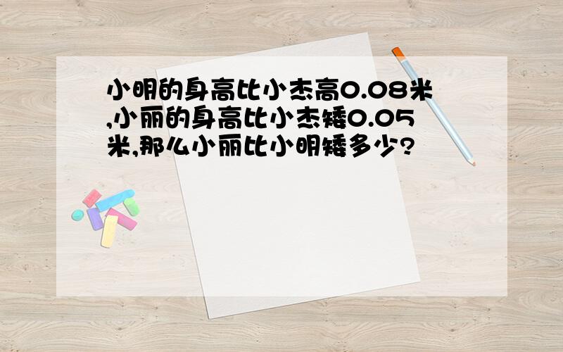 小明的身高比小杰高0.08米,小丽的身高比小杰矮0.05米,那么小丽比小明矮多少?