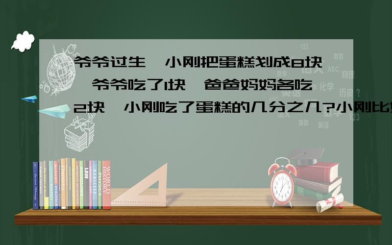 爷爷过生,小刚把蛋糕划成8块,爷爷吃了1块,爸爸妈妈各吃2块,小刚吃了蛋糕的几分之几?小刚比妈妈多吃了在个蛋糕的几分之几?