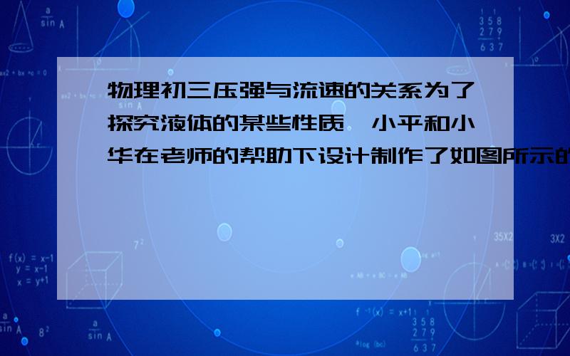 物理初三压强与流速的关系为了探究液体的某些性质,小平和小华在老师的帮助下设计制作了如图所示的装置.两人首先向水槽中灌满水,松开铁夹后,水流入a、b两管,待稳定后,比较a、b两管中水