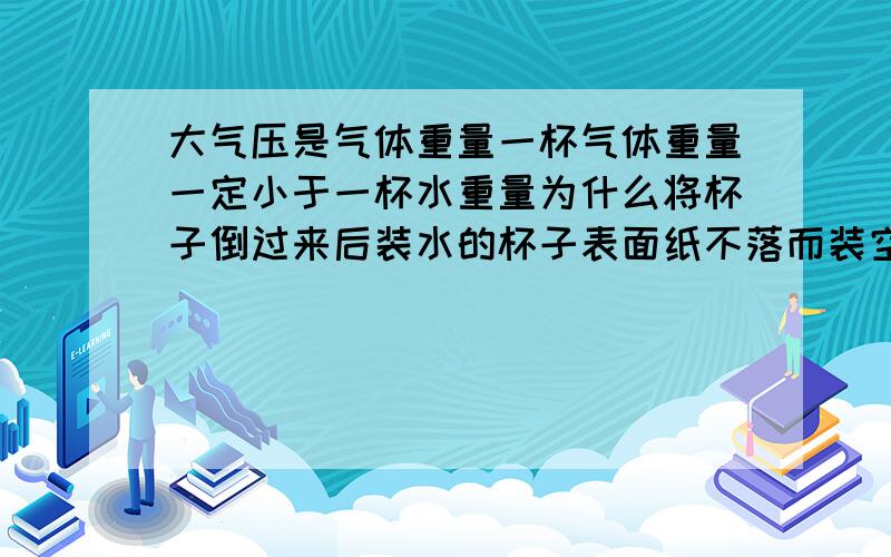 大气压是气体重量一杯气体重量一定小于一杯水重量为什么将杯子倒过来后装水的杯子表面纸不落而装空气的落一杯气体重量小于一杯水重量,为什么将杯子倒过来后装水的杯子表面纸不落下