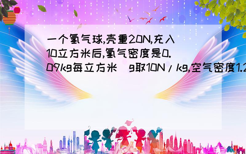 一个氢气球,壳重20N,充入10立方米后,氢气密度是0.09kg每立方米（g取10N/kg,空气密度1.29kg/m3）（1）氢气球受到的浮力（2）下方可吊多重的物体