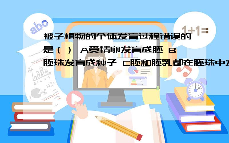 被子植物的个体发育过程错误的是（） A受精卵发育成胚 B胚珠发育成种子 C胚和胚乳都在胚珠中发育 DD一个极核与两个精子结合发育成胚乳