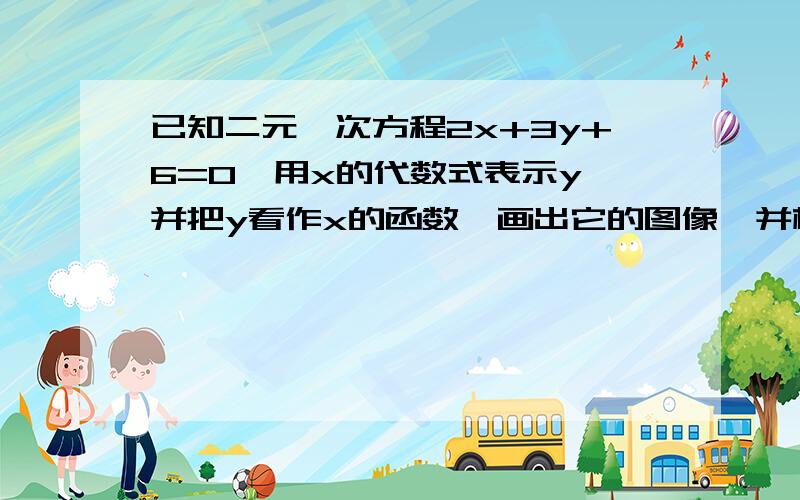 已知二元一次方程2x+3y+6=0,用x的代数式表示y,并把y看作x的函数,画出它的图像,并根据图像回答：（1）当x=-6,3时,y的值（2）当y=-2,4时,x的值（3）当y=0,对应的x的值是什么?他是哪个一元一次方程