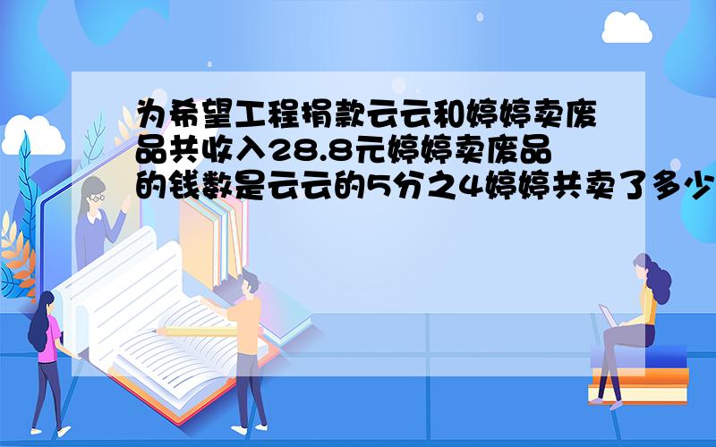 为希望工程捐款云云和婷婷卖废品共收入28.8元婷婷卖废品的钱数是云云的5分之4婷婷共卖了多少元?（用比例解）