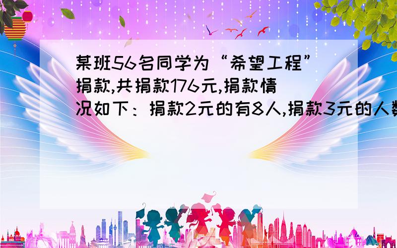 某班56名同学为“希望工程”捐款,共捐款176元,捐款情况如下：捐款2元的有8人,捐款3元的人数不知道,4元的人数不知道,5元的人数有2人,求出捐款3元4元的人数各是多少