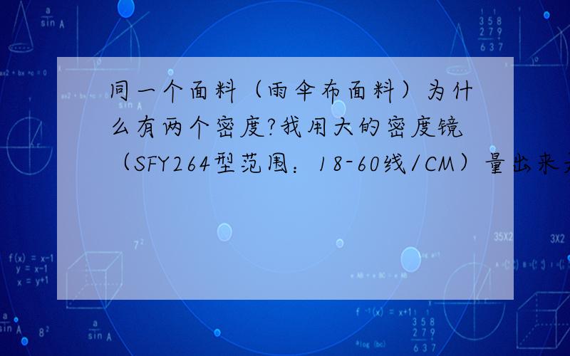 同一个面料（雨伞布面料）为什么有两个密度?我用大的密度镜（SFY264型范围：18-60线/CM）量出来是100,用小的密度镜（SFY2120型范围：55-120线/CM）量出来是200,为什么会有两个,正确的要用哪个量