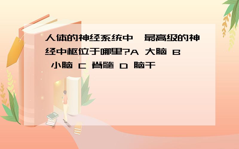 人体的神经系统中,最高级的神经中枢位于哪里?A 大脑 B 小脑 C 脊髓 D 脑干