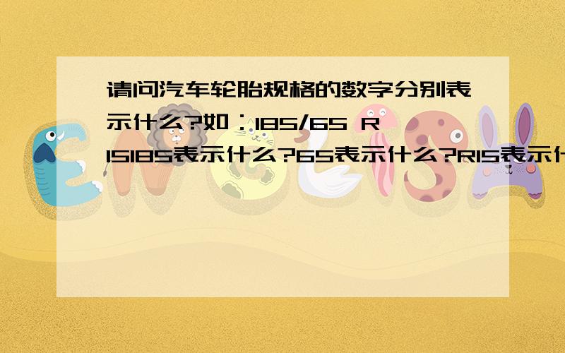 请问汽车轮胎规格的数字分别表示什么?如：185/65 R15185表示什么?65表示什么?R15表示什么?有的后面有88T或85V,这又是啥意思啊?