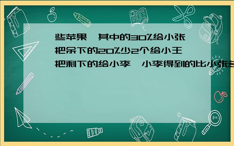 一些苹果,其中的30%给小张,把余下的20%少2个给小王,把剩下的给小李,小李得到的比小张多28个,共有多少要分部计算