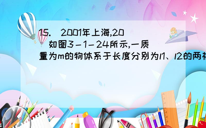 15.（2001年上海,20）如图3－1－24所示,一质量为m的物体系于长度分别为l1、l2的两根细线上,l1的一端悬挂在天花板上,与竖直方向夹角为θ,l2水平拉直,物体处于平衡状态.现将l2线剪断,求剪断瞬时