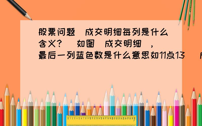 股票问题（成交明细每列是什么含义?） 如图（成交明细）,最后一列蓝色数是什么意思如11点13   成交价7.27    成交10手   共396笔想问成交10手 咋会有396笔