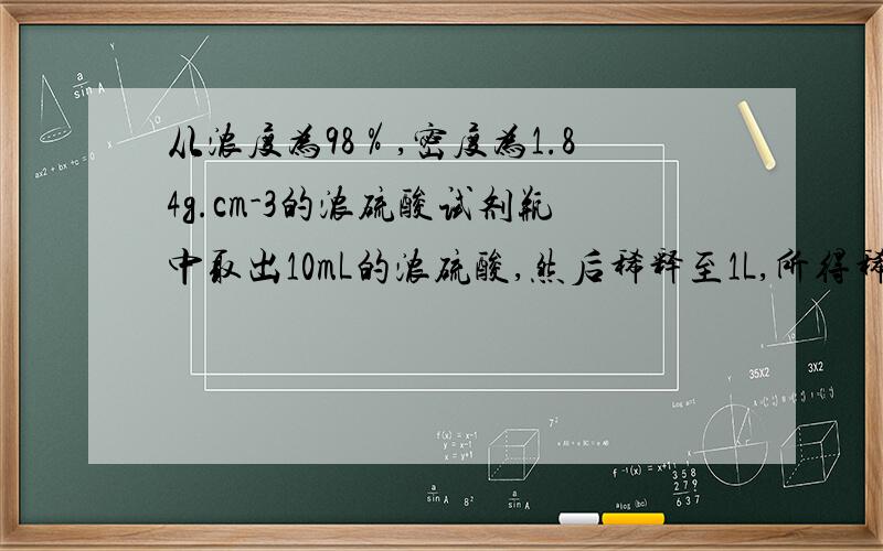 从浓度为98％,密度为1.84g.cm-3的浓硫酸试剂瓶中取出10mL的浓硫酸,然后稀释至1L,所得稀硫酸的物质的量浓度为