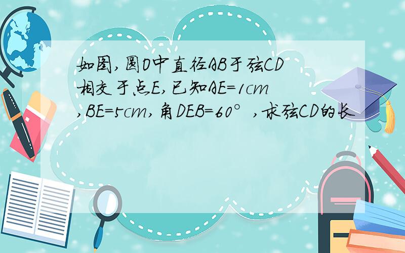 如图,圆O中直径AB于弦CD相交于点E,已知AE=1cm,BE=5cm,角DEB=60°,求弦CD的长